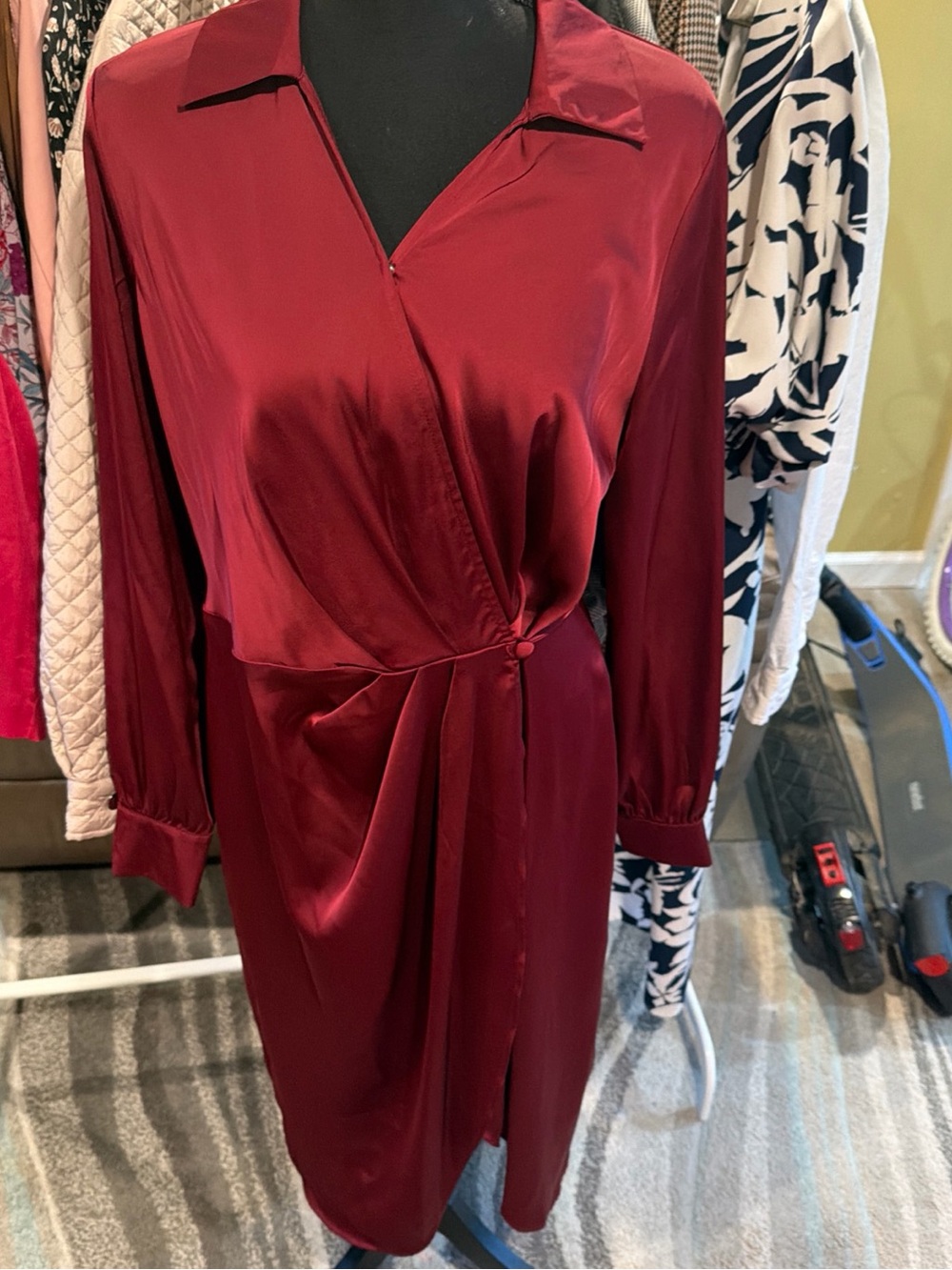 Satin Wrap-Front Long Sleeve Dress in Deep Wine
